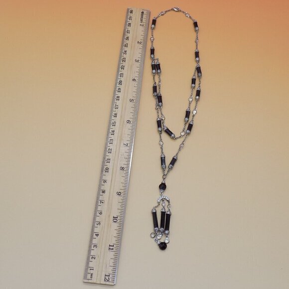 Art Deco Style Black Bead Necklace Silver-tone Clear Stone Station 2 Row Layered - Picture 3 of 10